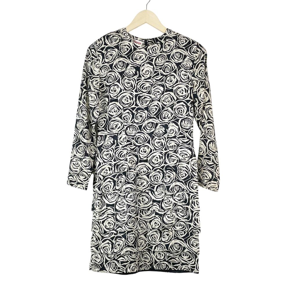 Jack Mulqueen Women's Black Cream Rose Floral Silk Dress Size 4 w Tiered Layers